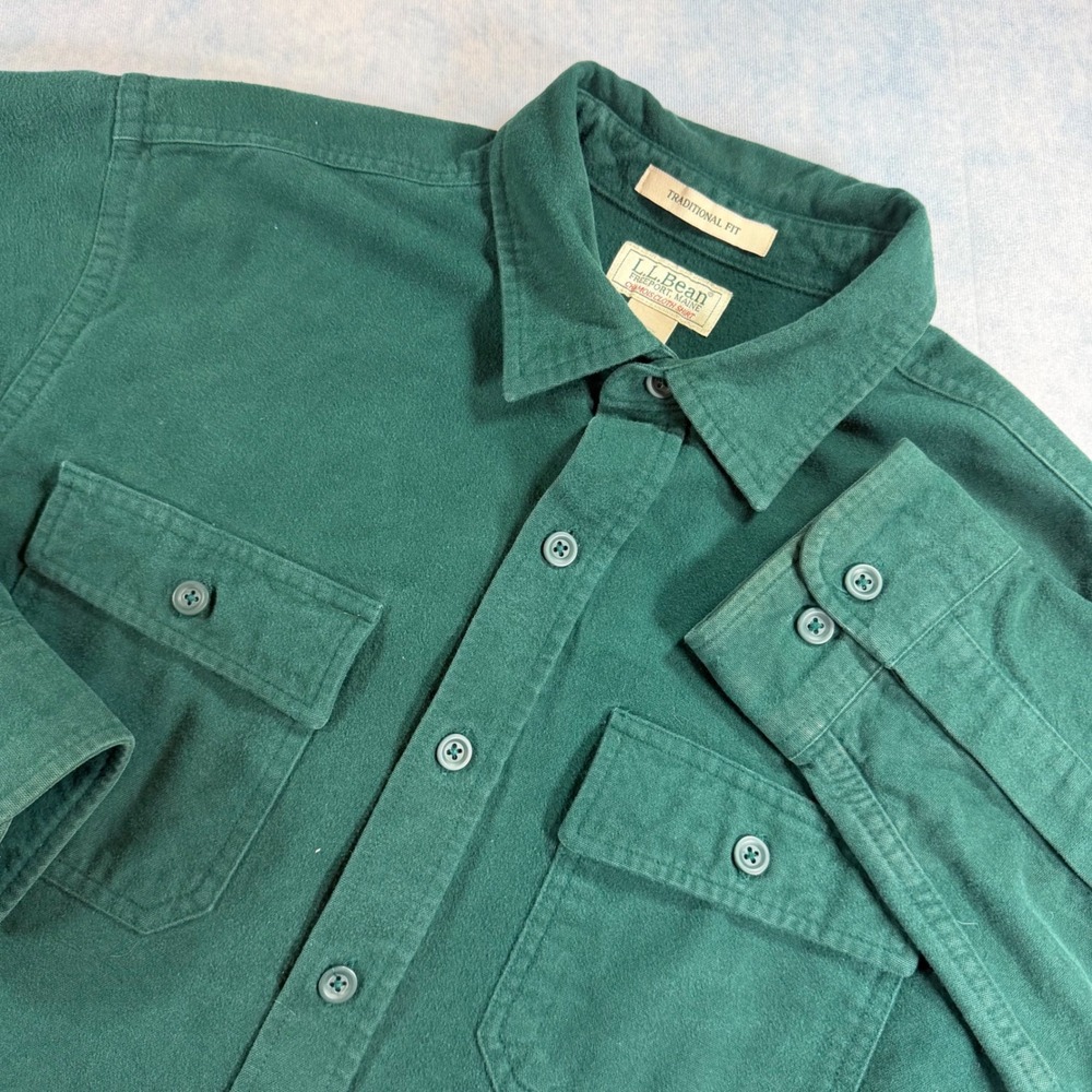L.L. Bean Chamois Cloth Shirt Mens L Green Good Traditional Fit Cotton 187923
